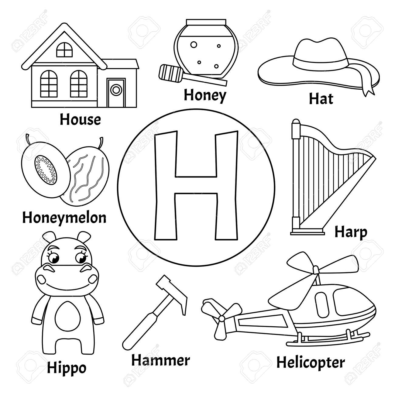 Vector cute kids animal alphabet letter h set of cute cartoon illustrations coloring page royalty free svg cliparts vectors and stock illustration image