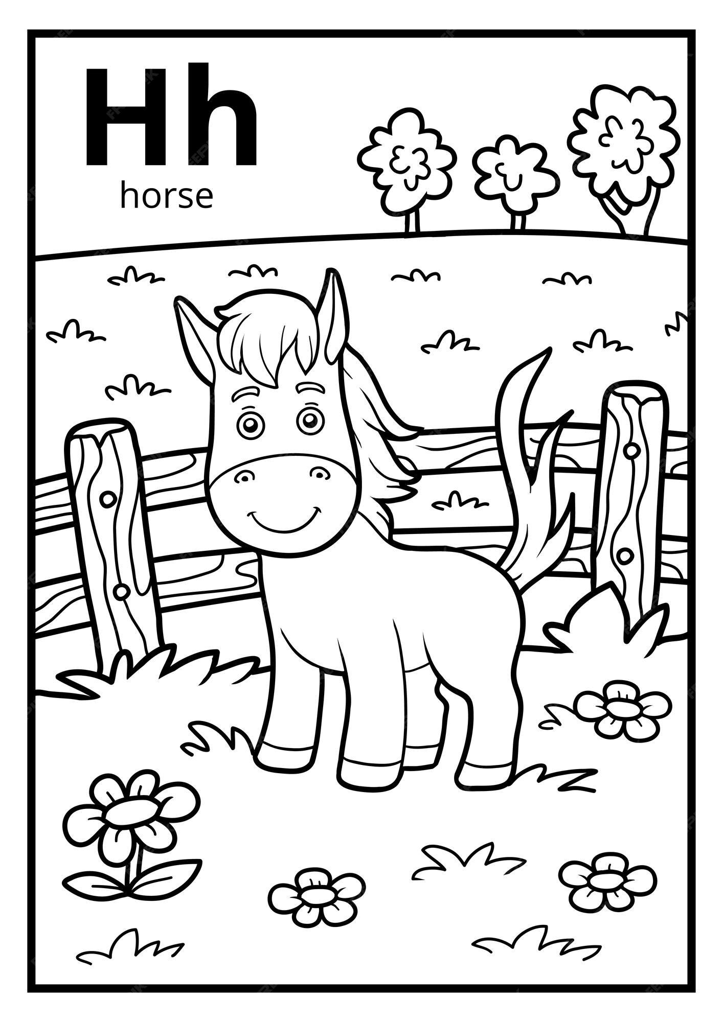 Libro de colorear para niãos alfabeto incoloro letra h caballo vector premium