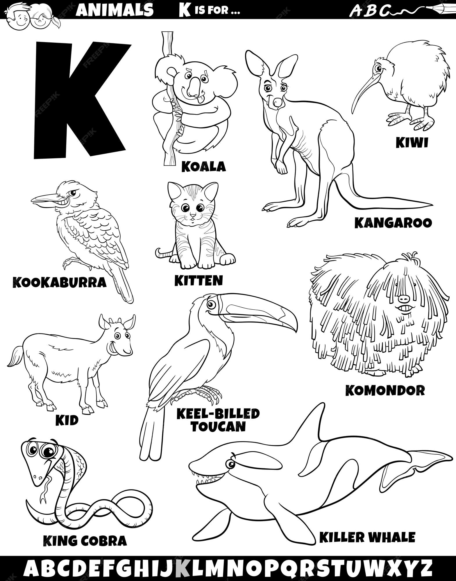 Premium vector cartoon illustration of animal characters set for letter k coloring page