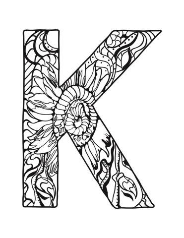 Letter k zentangle coloring page free printable coloring pages