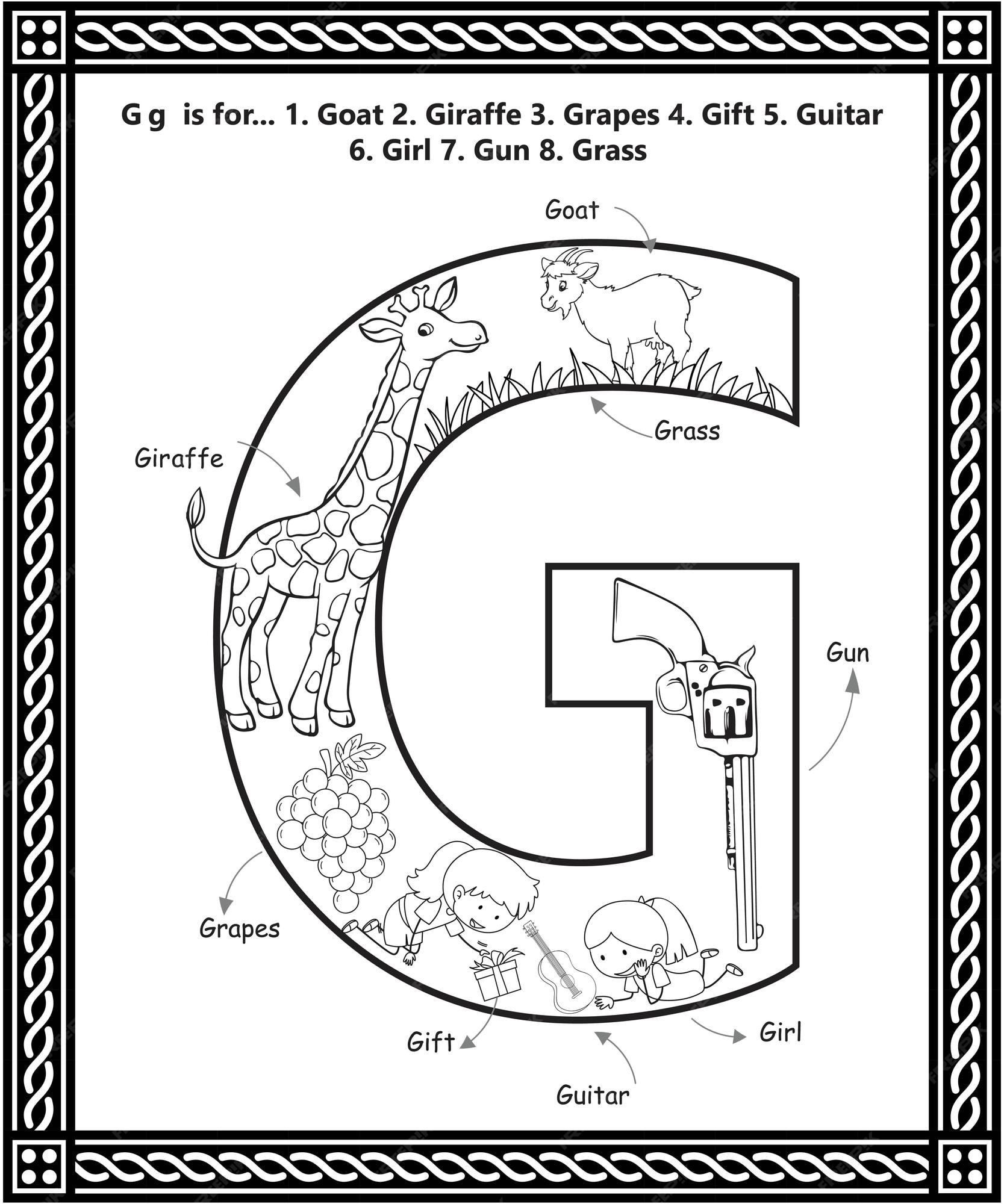 Premium vector alphabet g letter coloring book with cartoon vocabulary learning activity worksheet for kids