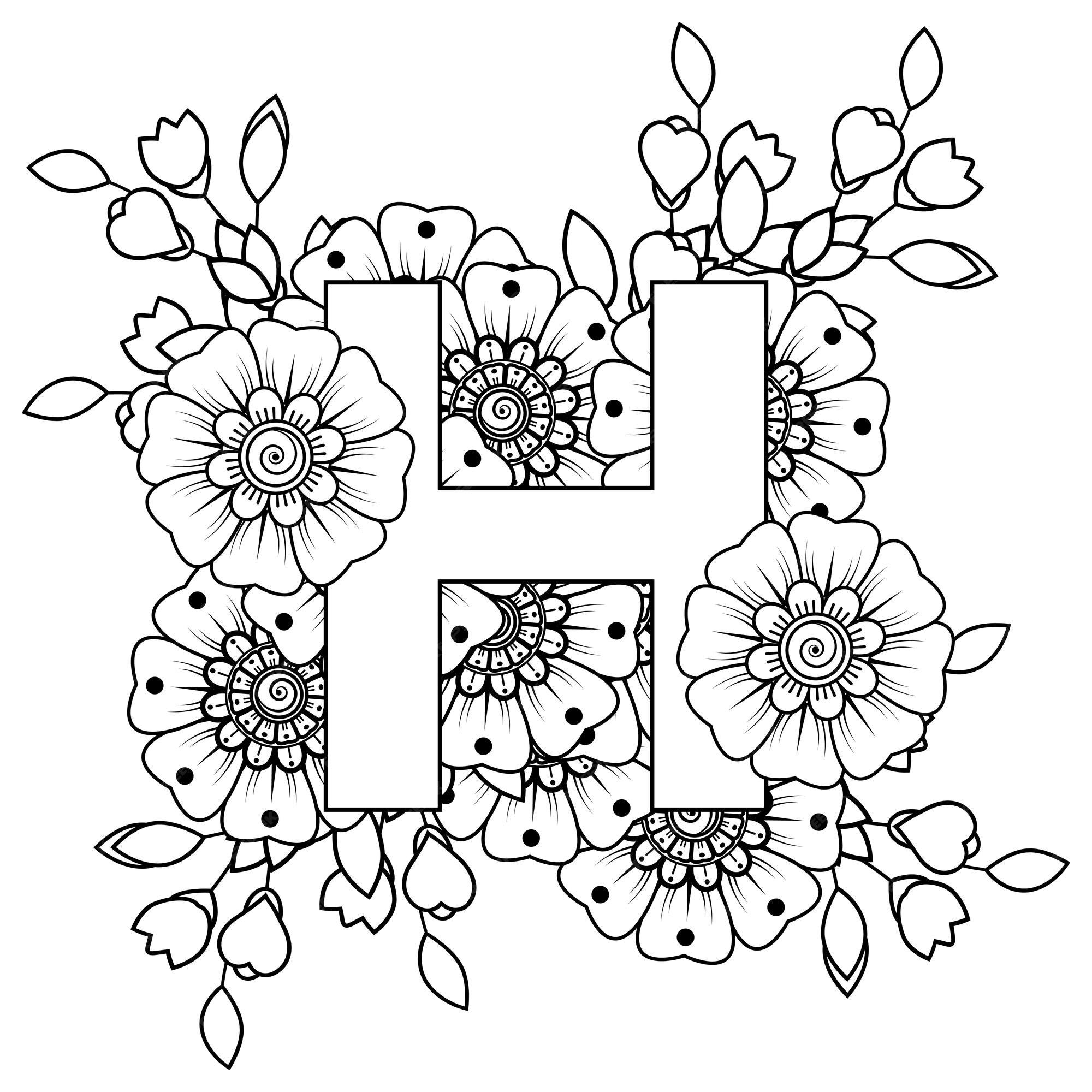 Letra h con adornos decorativos de flor mehndi en tilo ãtnico oriental para colorear pãgina de libro vector premium