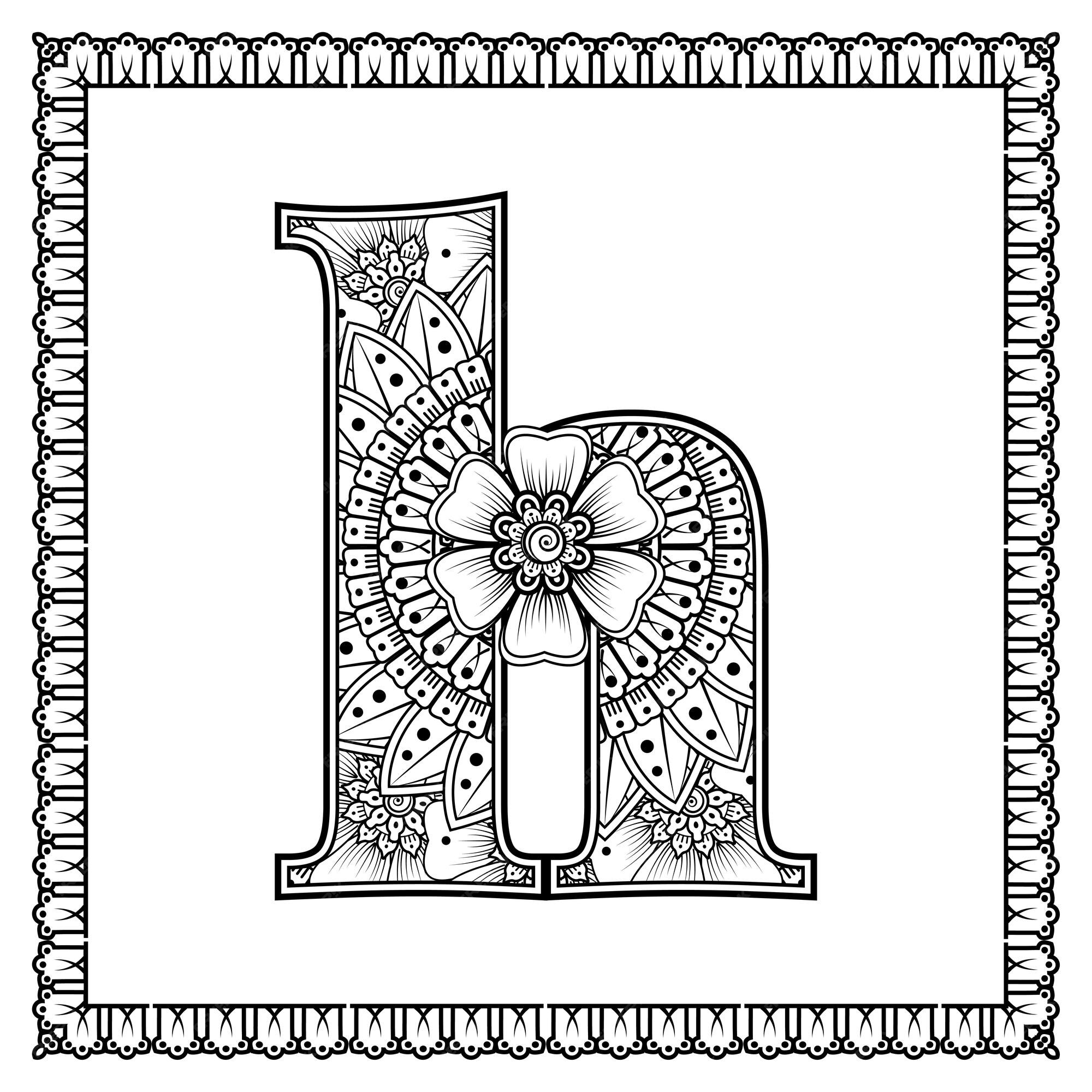 Letra h hecha de flor en tilo mehndi para colorear ilustraciãn de vector de handdraw de contorno de pãgina de libro vector premium