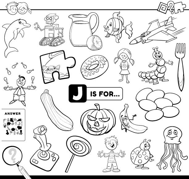 Letter j educational task coloring book page stock illustration
