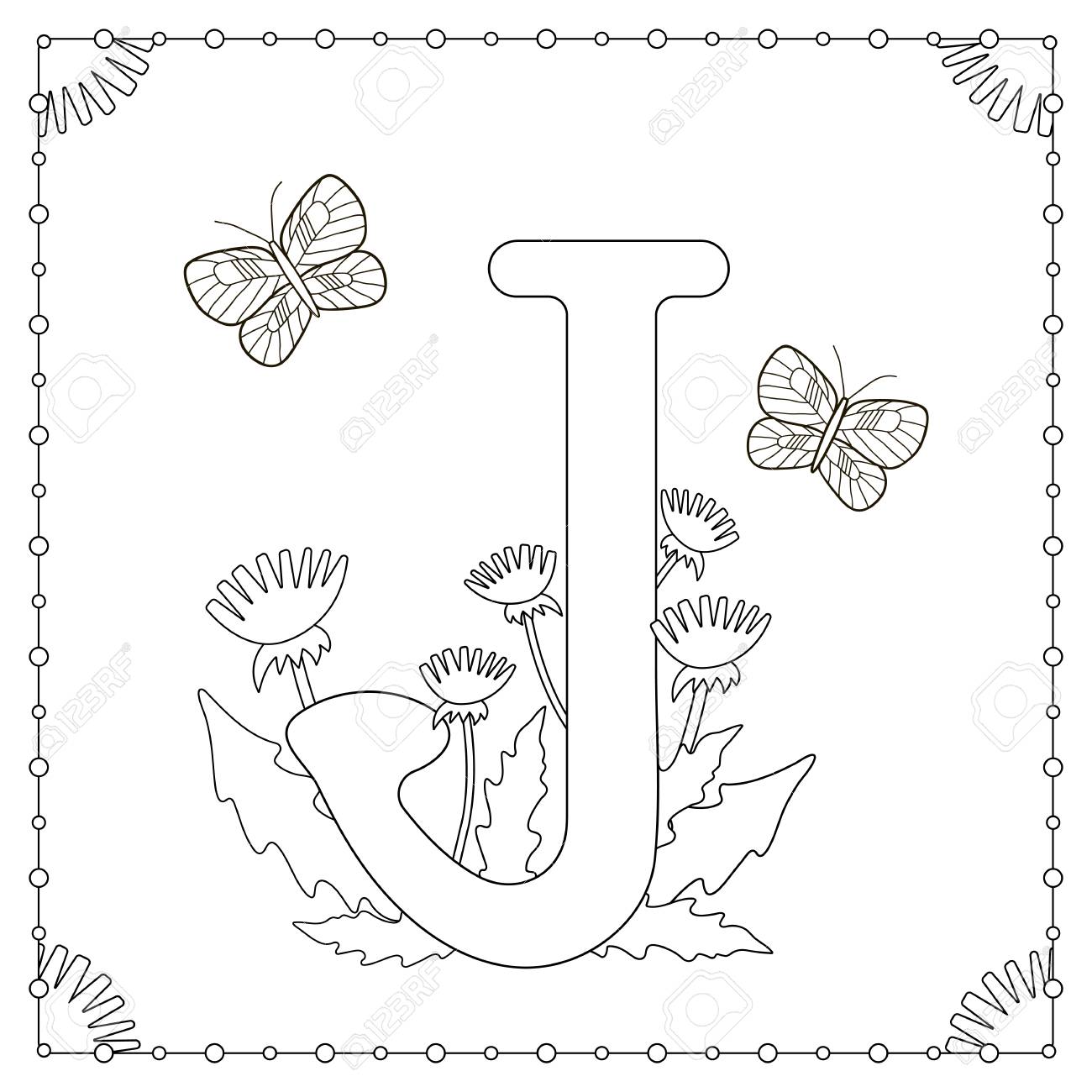 Alphabet coloring page capital letter j with flowers leaves and butterflies vector illustration royalty free svg cliparts vectors and stock illustration image