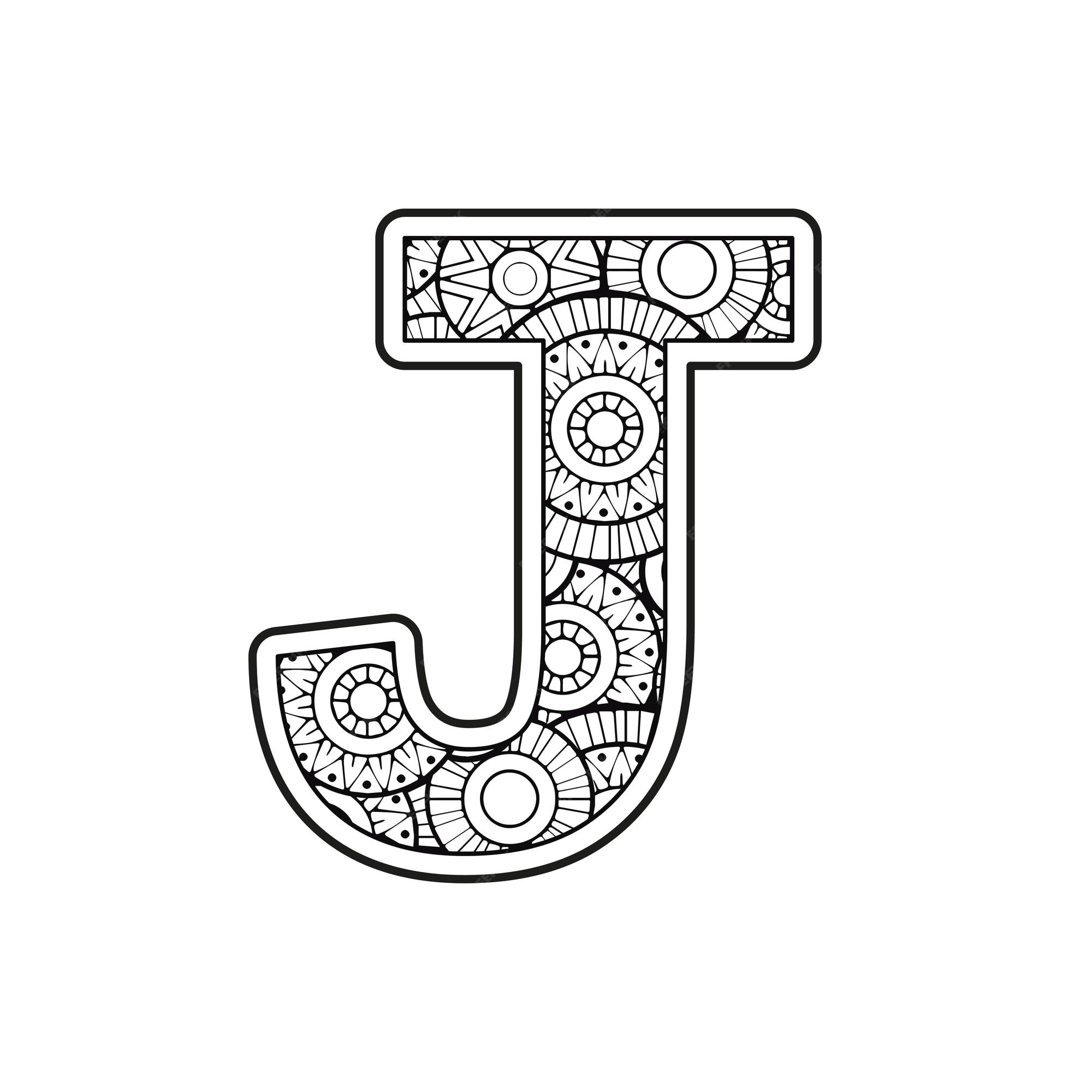 Premium vector vector coloring page for adults contour black and white capital english letter j on a mandala background