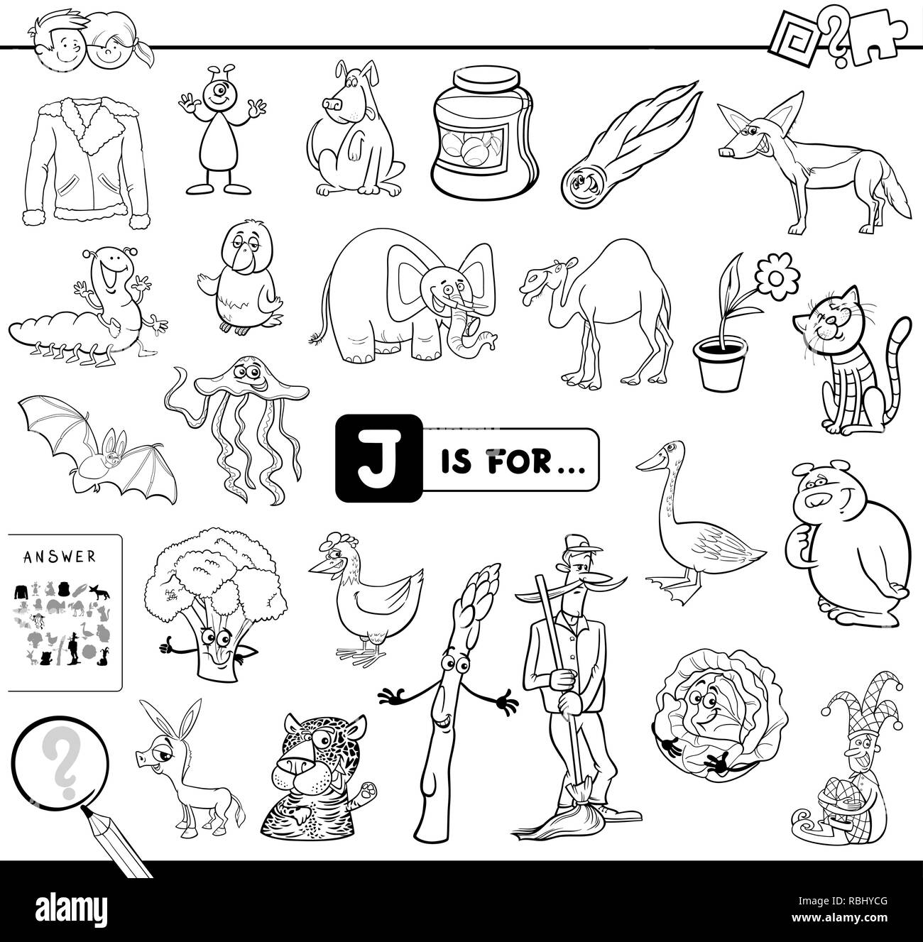Black and white cartoon illustration of finding picture starting with letter j educational game workbook for children coloring book stock vector image art