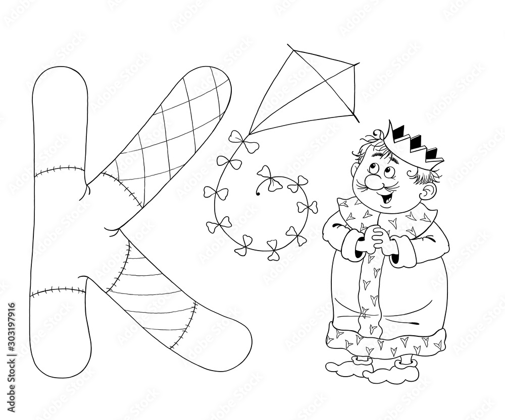 English alphabet abc capital letter k king kite coloring book coloring page cute and funny cartoon characters isolated on white ilustraciãn de