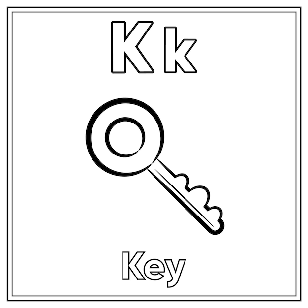 Premium vector alphabet flashcard letter k with cute key drawing sketch for coloring