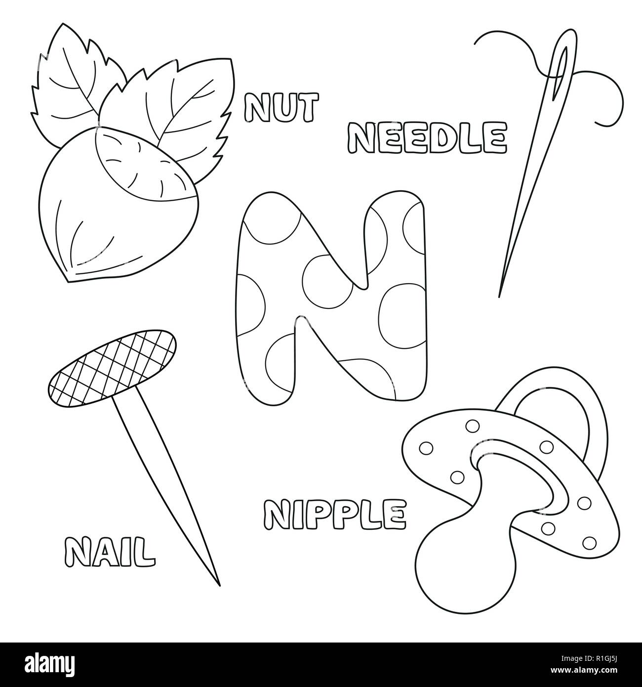 Letra n alfabeto inglãs la educaciãn de los niãos libro para colorear imagen vector de stock