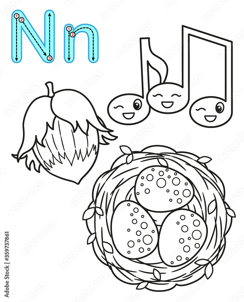 Printable coloring page for kindergarten and preschool card for study english vector coloring book alphabet letter n nuts notes nest vector de