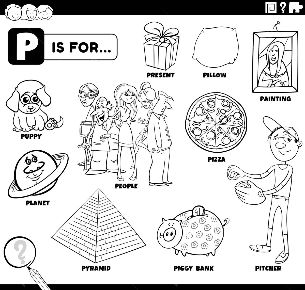 Dibujo de pãgina libro para colorearconjunto educativo palabras la letra p vector png dibujos dibujo de gato dibujo de libro dibujo de anillo png y vector para dcargar gratis