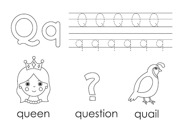 Premium vector learning english alphabet for kids letter q coloring book
