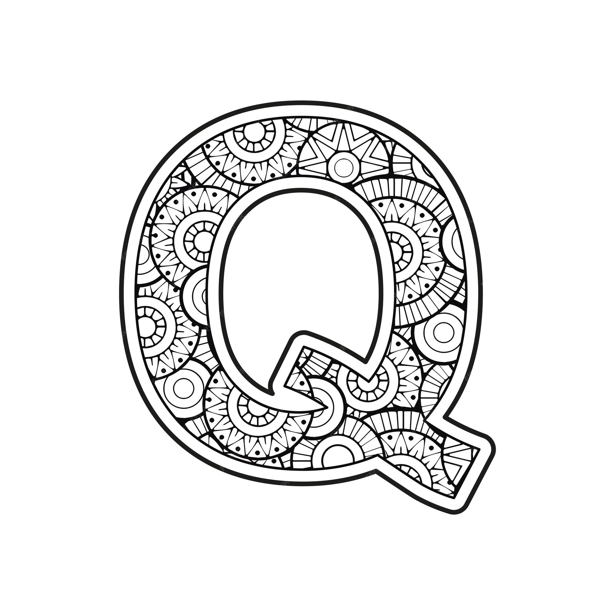 Vector pãgina para colorear para adultos contorno en blanco y negro mayãºscula inglãs letra q sobre un fondo de mandala vector premium