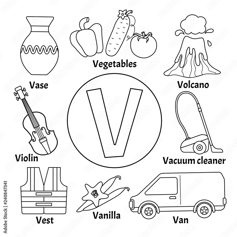 Vector cute kids animal alphabet letter v set of cute cartoon illustrations coloring page vector de