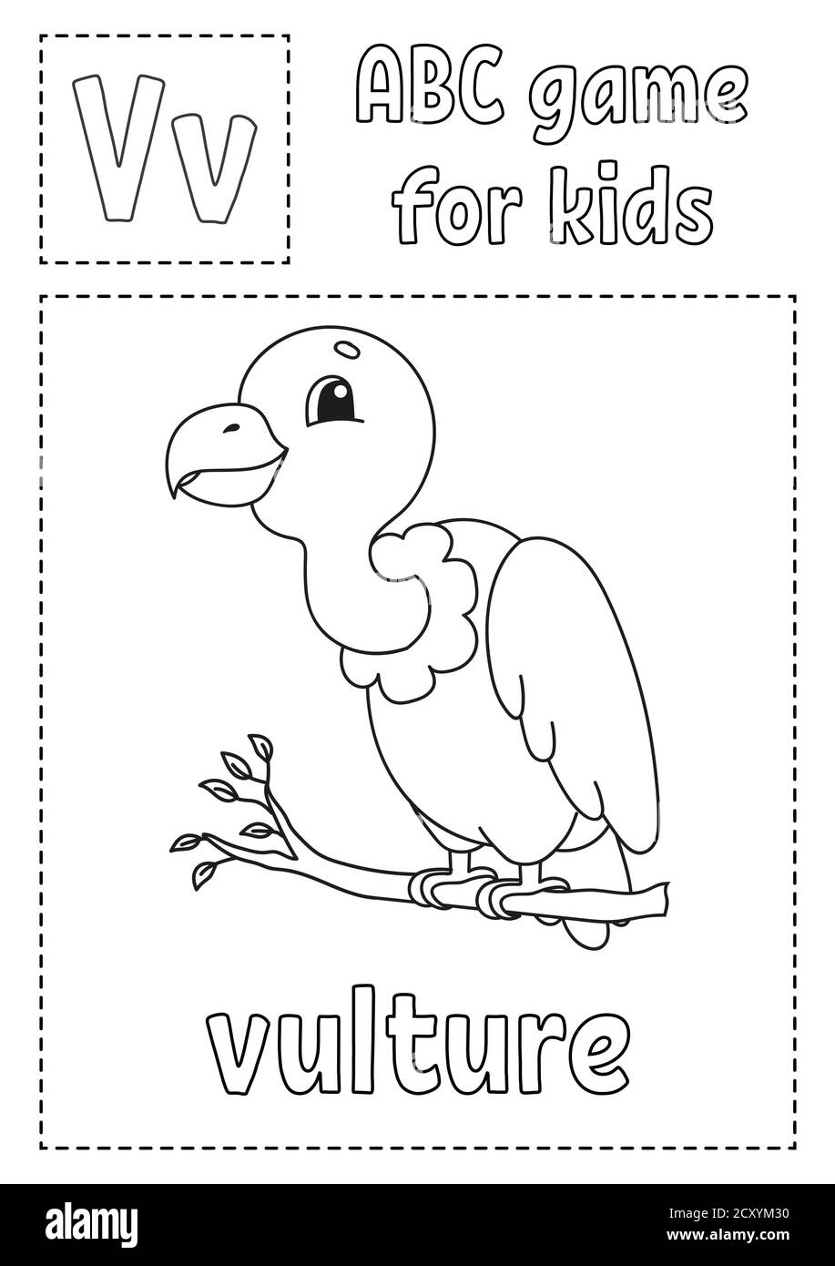 La letra v para buitre abc juego para niãos pãgina de coloreado del alfabeto personaje de dibujos animados palabra y letra ilustraciãn vectorial imagen vector de stock