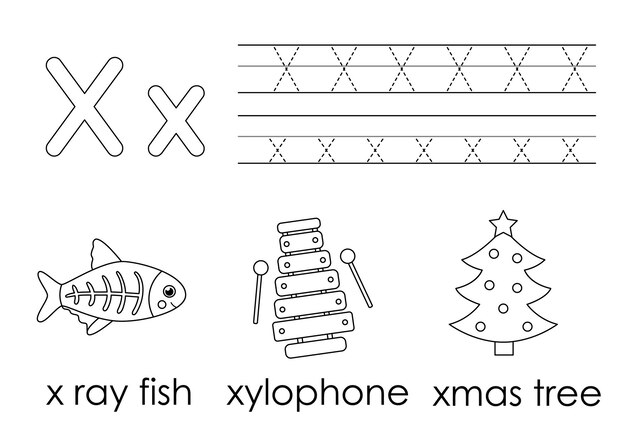 Premium vector learning english alphabet for kids letter x coloring book
