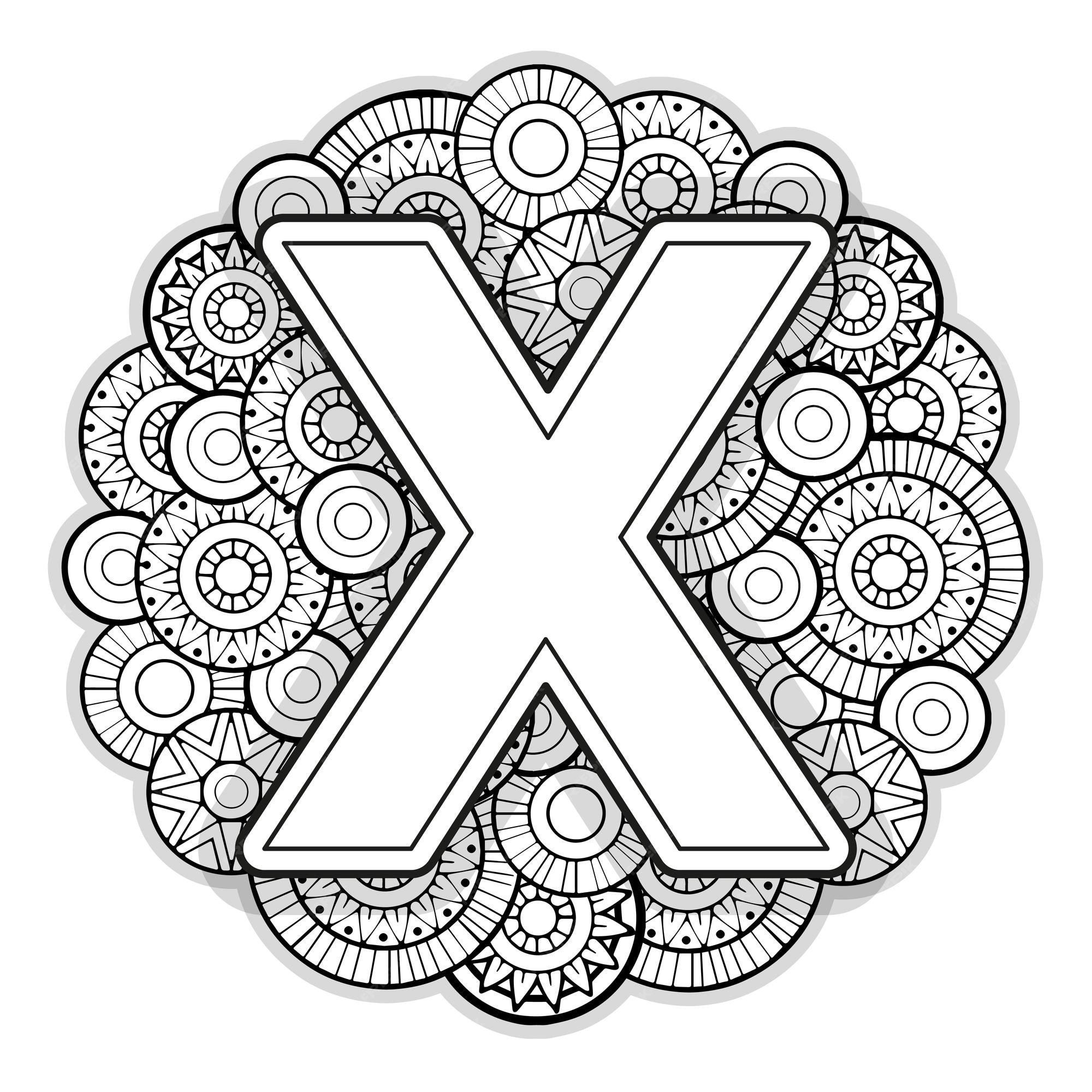 Vector pãgina para colorear para adultos contorno en blanco y negro letra mayãºscula x en inglãs sobre un fondo de mandala vector premium