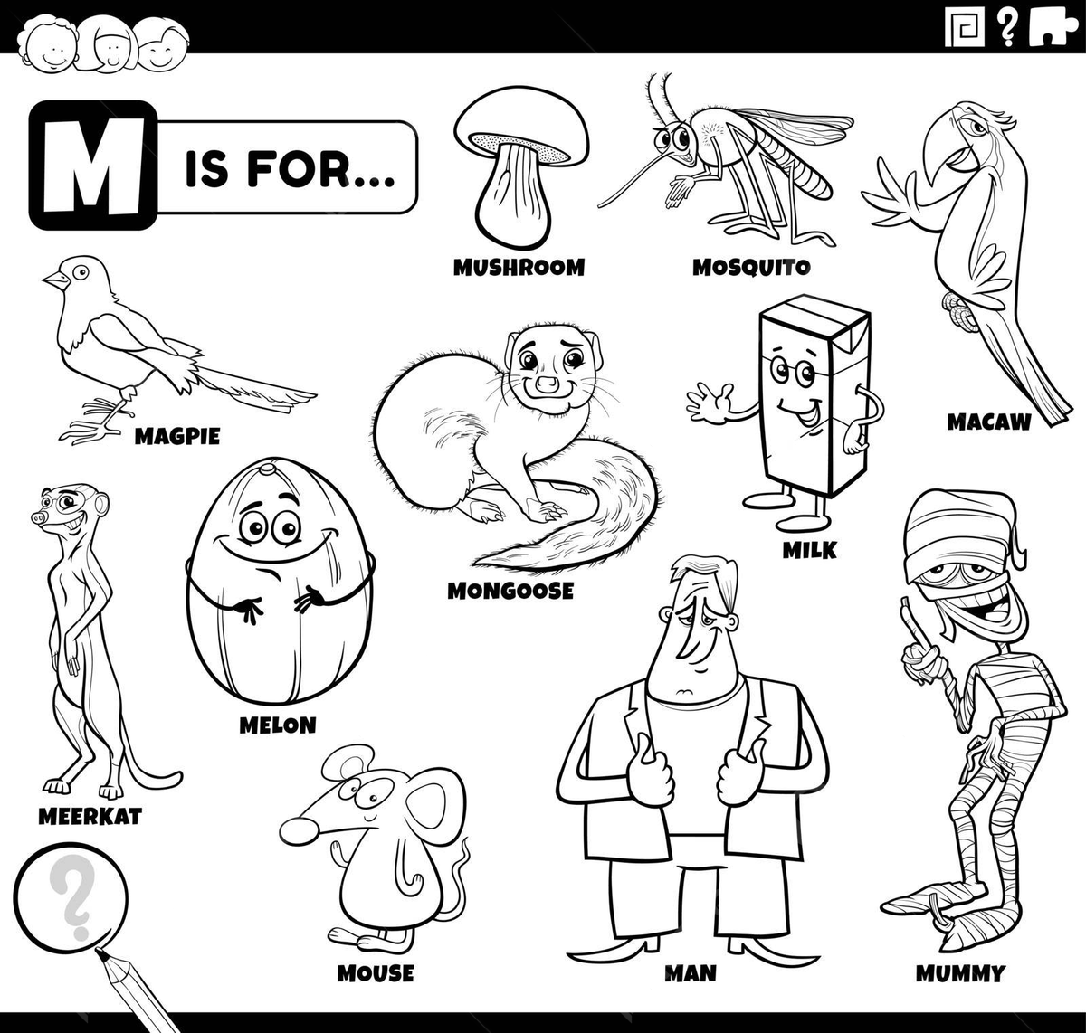 Dibujo de pãgina libro educativo para colorear conjunto palabras que ienzan con la letra m vector png dibujos dibujo de gato dibujo de libro dibujo de trella png y vector para dcargar