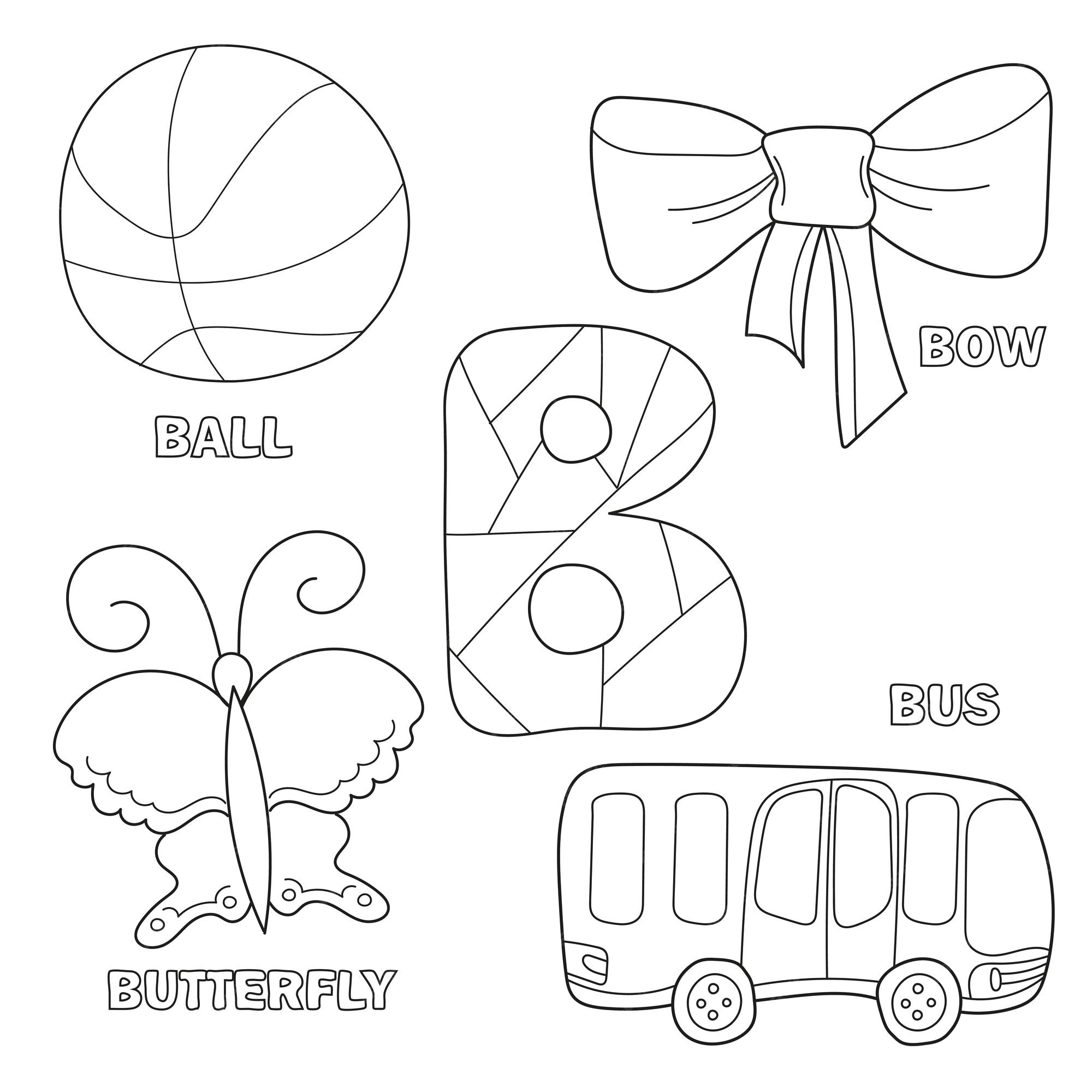 Alfabeto para niãos para colorear pãgina de libro con art de clip delineadas para colorear letra b bus pelota arco mariposa personaje de dibujos animados de contorno dibujado a mano y letra