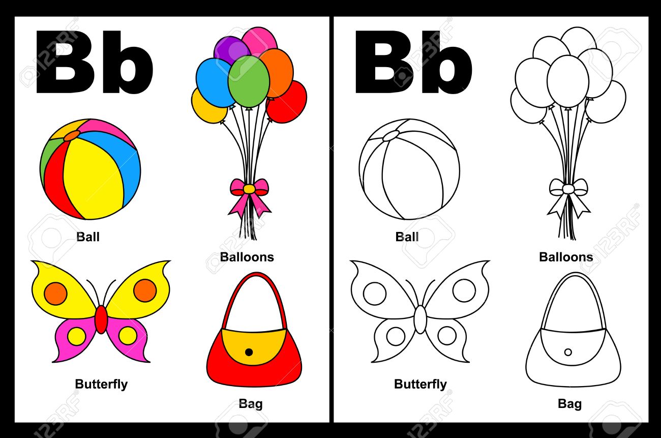Kids alphabet coloring book page with outlined clip arts to color letter b royalty free svg cliparts vectors and stock illustration image