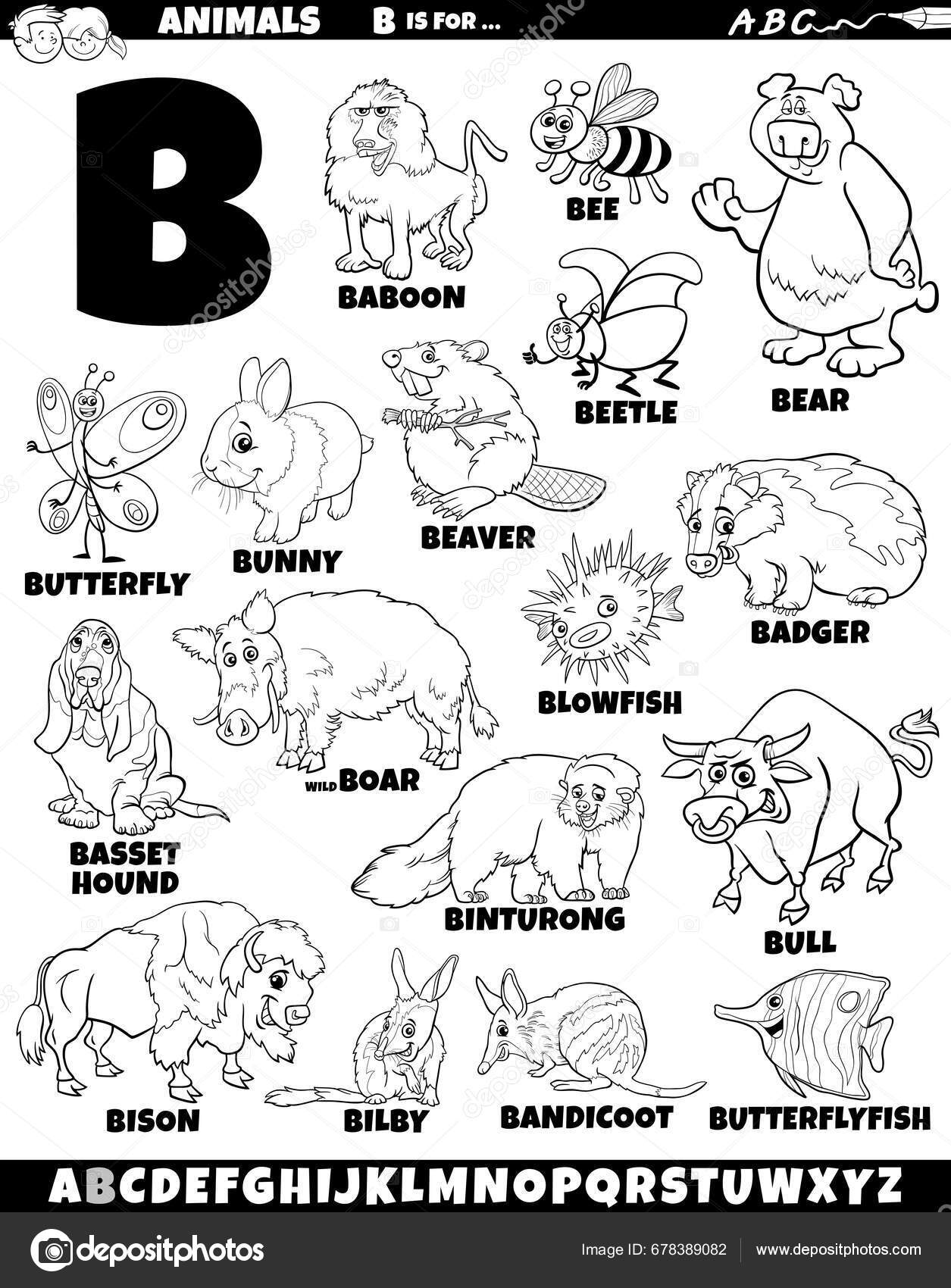 Dibujos animados ilustraciãn personajes animales establecidos para letra para colorear vector de stock por izakowski