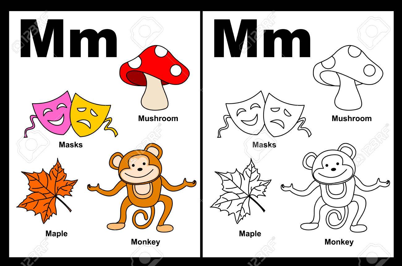Kids alphabet coloring book page with outlined clip arts to color letter m royalty free svg cliparts vectors and stock illustration image