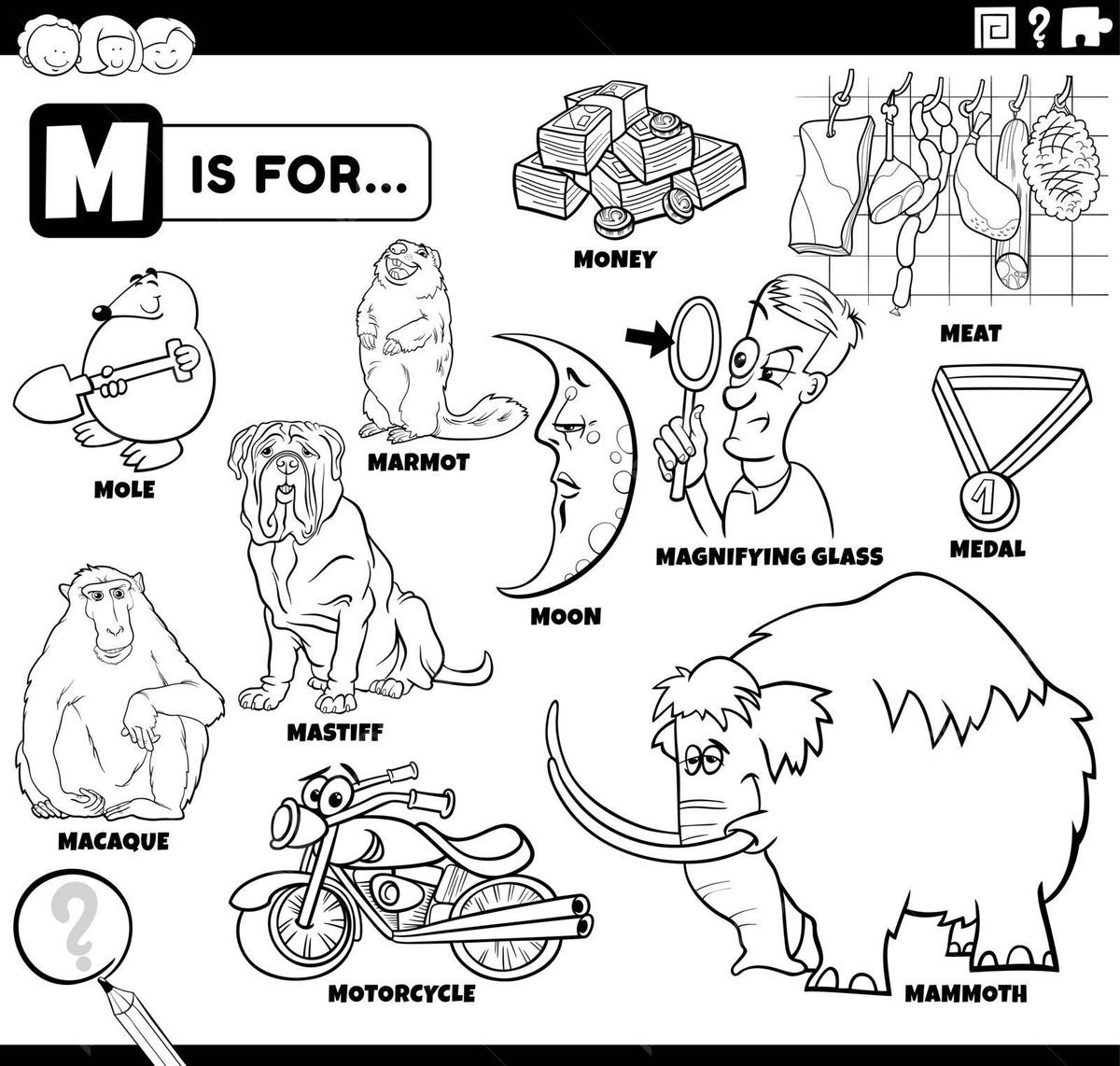 Dibujo de pãgina libro para colorear con un conjunto educativo palabras que ienzan la letra m vector png dibujos dibujo de gato dibujo de libro dibujo de trella png y vector para
