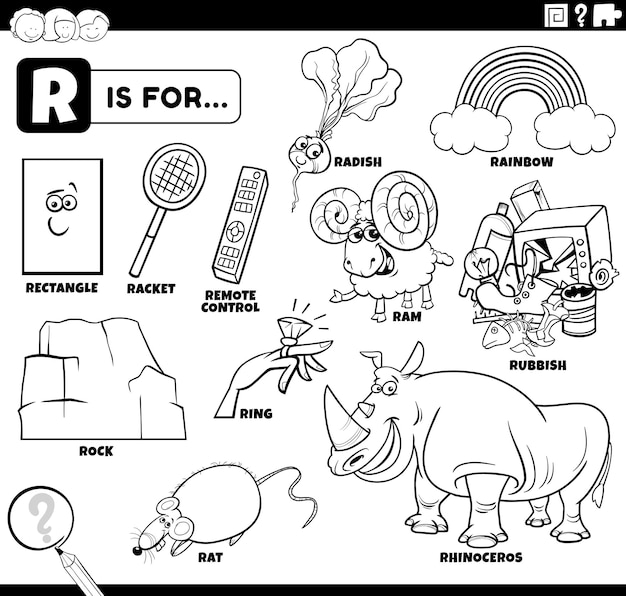 Premium vector letter r words educational set coloring book page