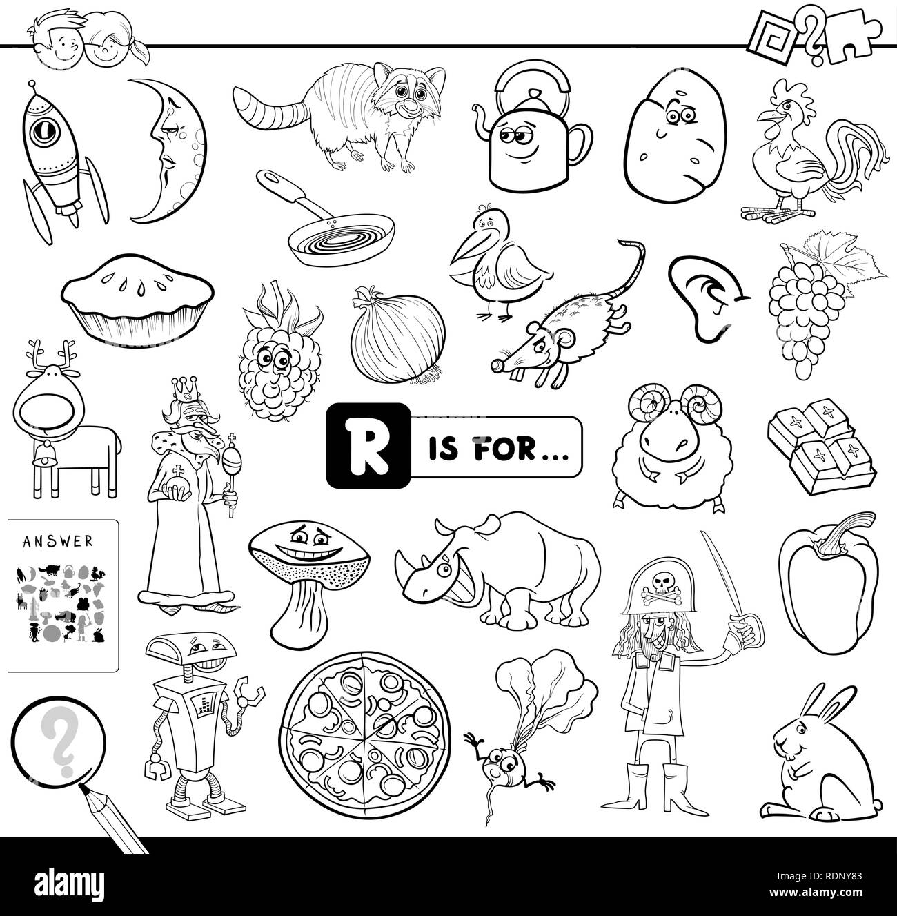 Black and white cartoon illustration of finding picture starting with letter r educational game workbook for children coloring book stock vector image art