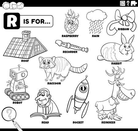 Black and white educational cartoon illustration for children with ic characters and objects set for letter r coloring book page