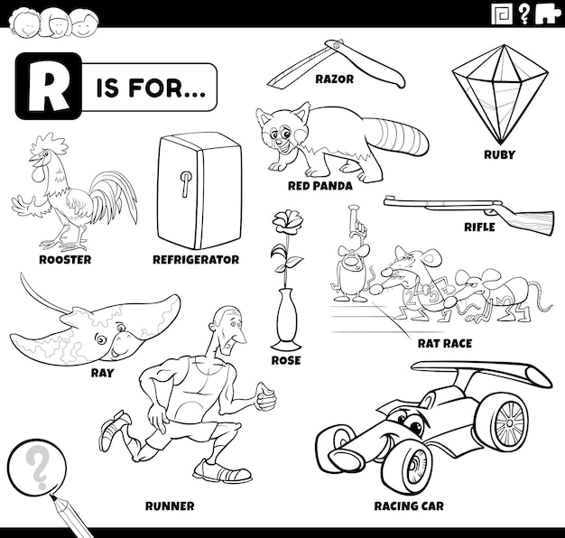 Premium vector letter r words educational set coloring book page