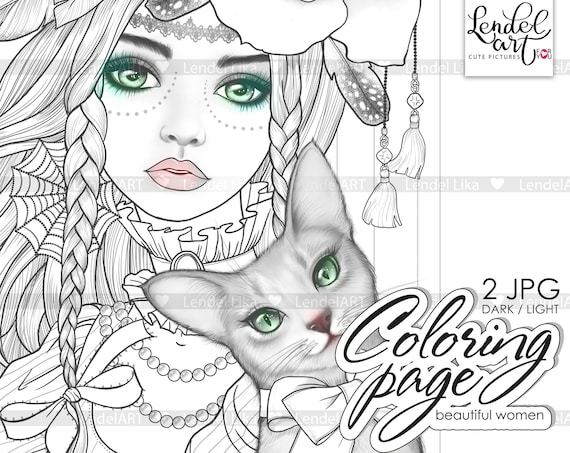 Printable coloring page girl portrait coloring page for adults gothic cute girl fairy elf cat printable coloring instant download