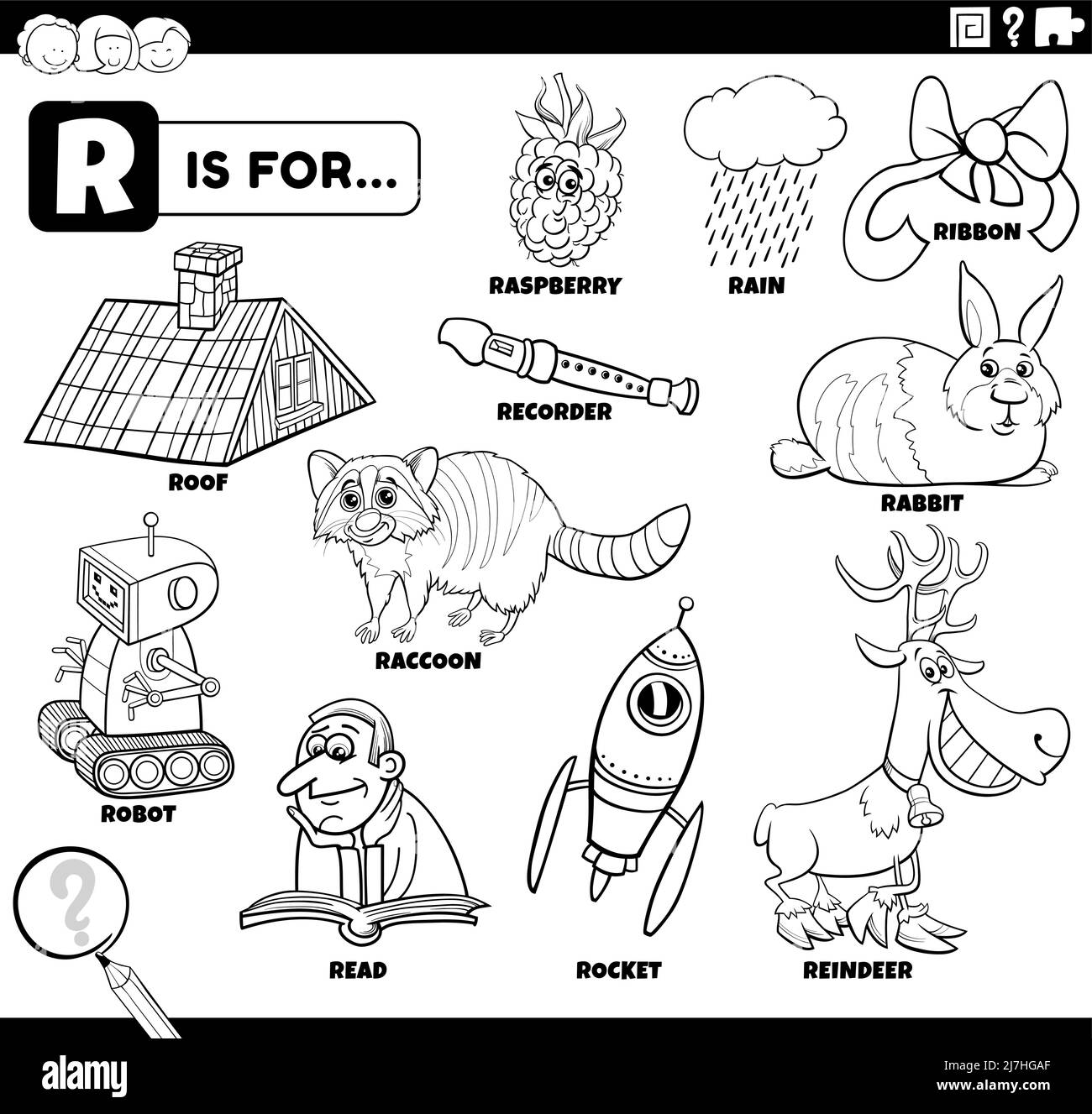 Black and white educational cartoon illustration for children with ic characters and objects set for letter r coloring book page stock vector image art