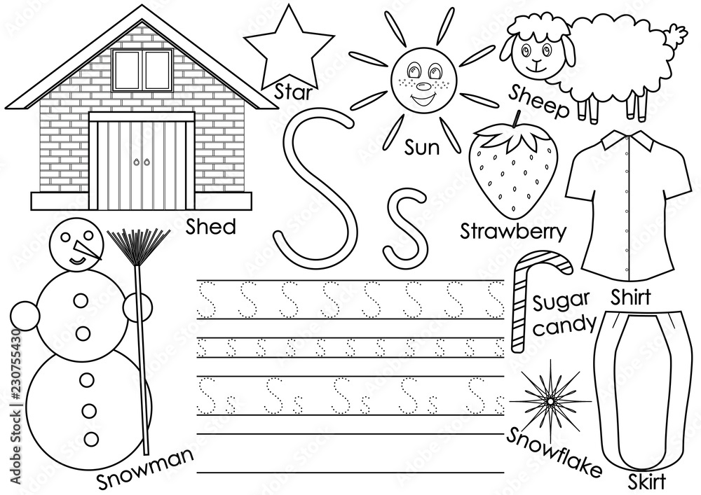 Letter s english alphabet writing practice for children kids game coloring book vector illustration vector de