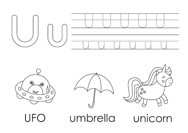 Premium vector learning english alphabet for kids letter u coloring book