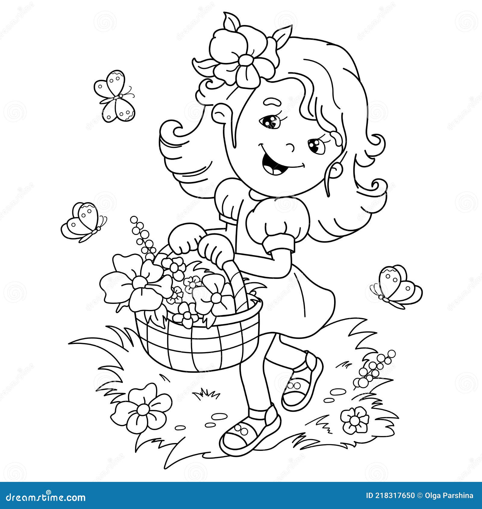 Coloring page outline of cartoon girl with a basket of flowers summer activity stock vector
