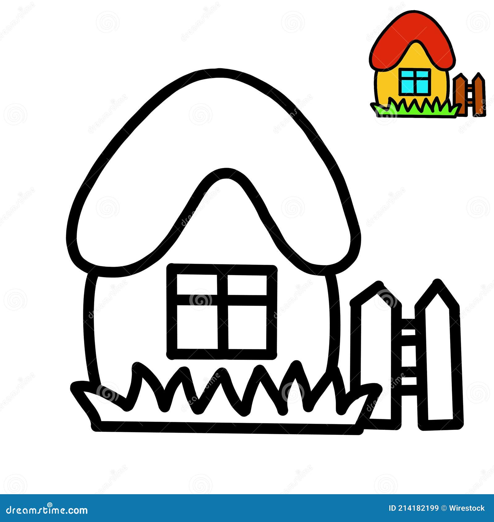 Coloring page for kids with a thick outline and a sample of how to color a house stock illustration