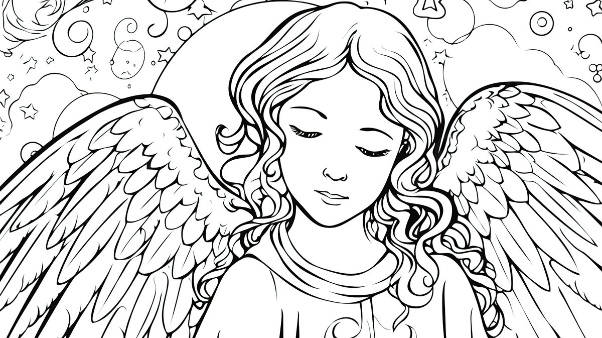 Printable coloring page of an angel with angel wings background angel coloring picture angel art background image and wallpaper for free download