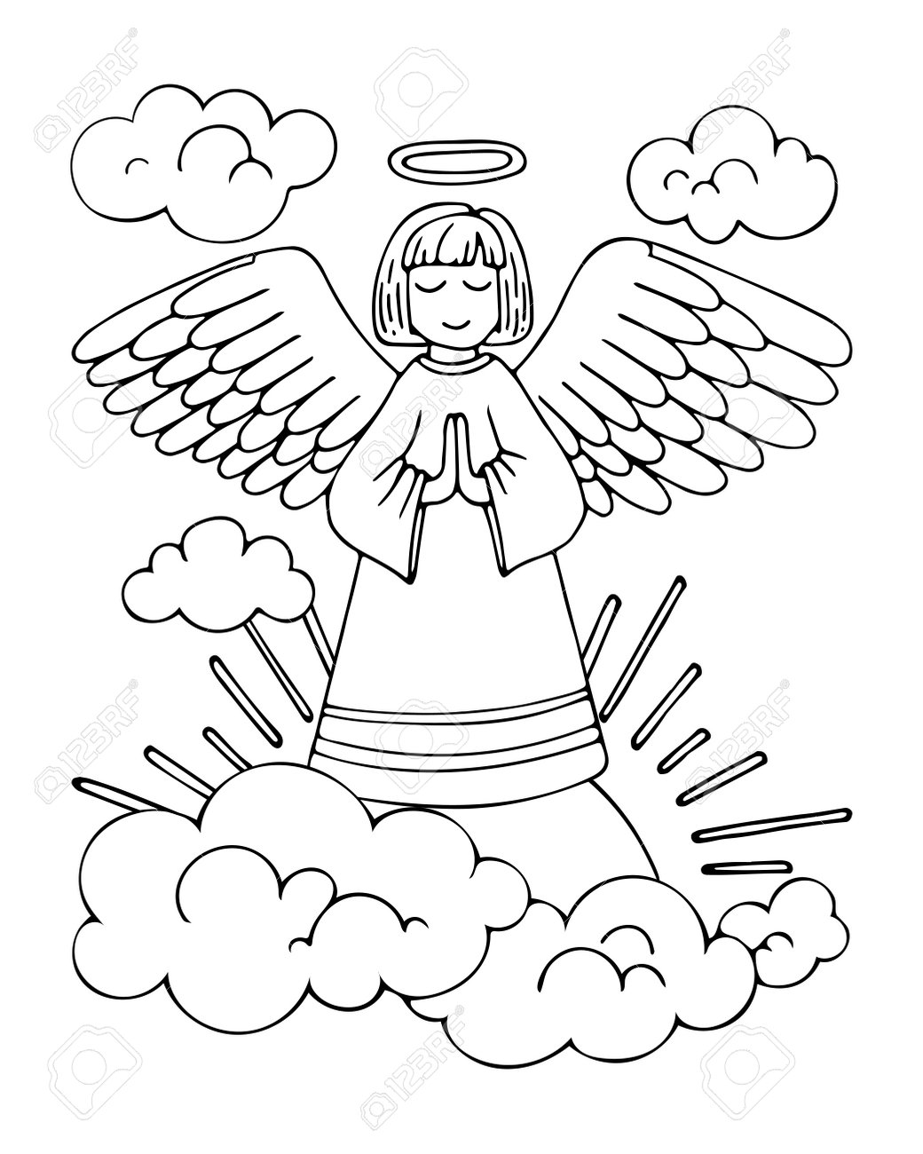 Angel coloring page prayer for peace in heavenly heaven holy guardian angel hand drawn vector line drawing coloring book for children and adults black and white sketch royalty free svg cliparts vectors