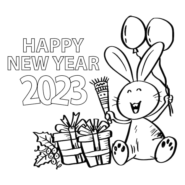Premium vector happy new year with rabbit coloring pages