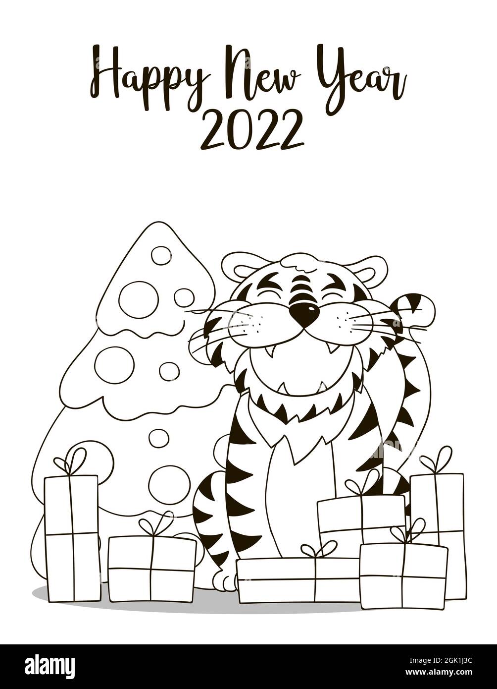 Sãmbolo de ãrbol de navidad regalos tigre aão nuevo tarjeta de aão nuevo con diseão de dibujo a mano ilustraciãn para colorear postal calendarios imagen vector de stock