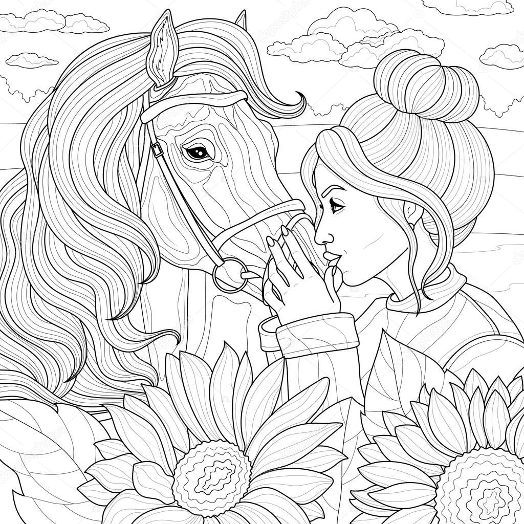 Chica con caballo libro para colorear antiestrãs para niãos adultos vector de stock de vlasenkoekaterinkagmail