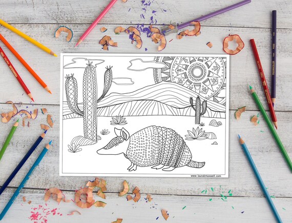 Armadillo desert coloring sheet for adults and kids armadillo coloring page desert art instant download printable activity