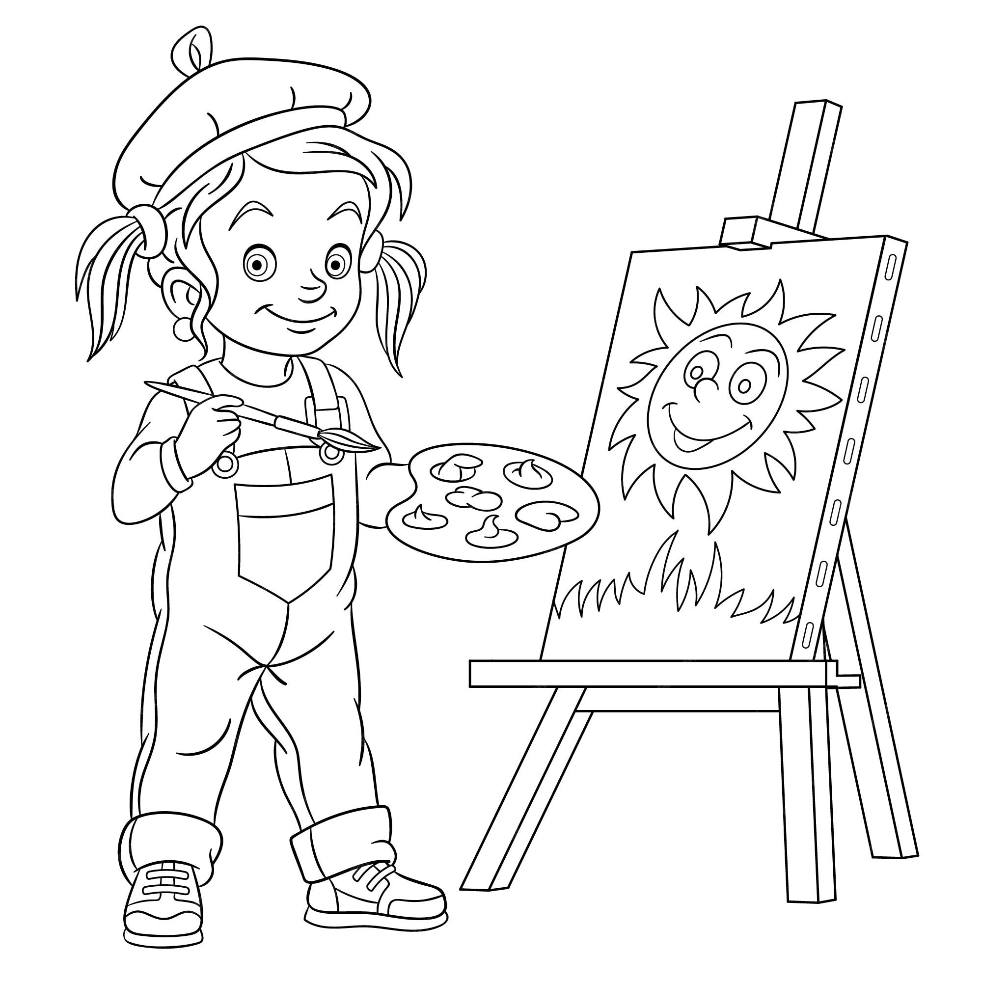 Lindo joven artista pintando sobre lienzo profion de personas pãgina del libro de colorear de dibujos animados para niãos vector premium
