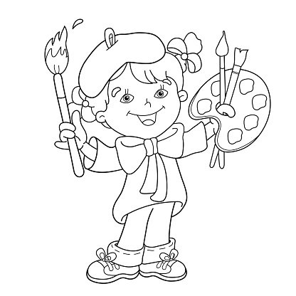 Colorear contorno de la pãgina de dibujos animados chica artista con pinturas clipart de stock royalty