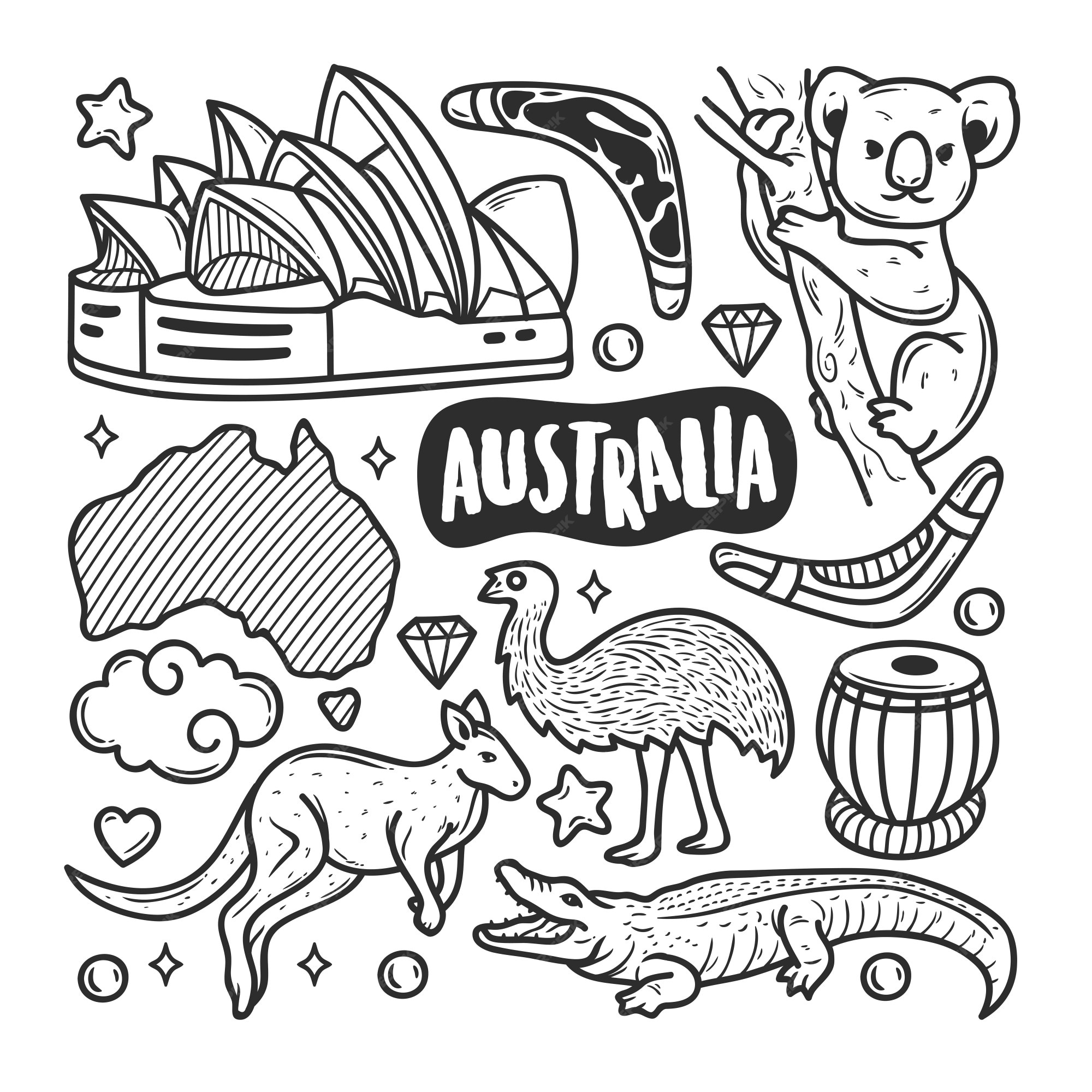Free vector australia icons hand drawn doodle coloring