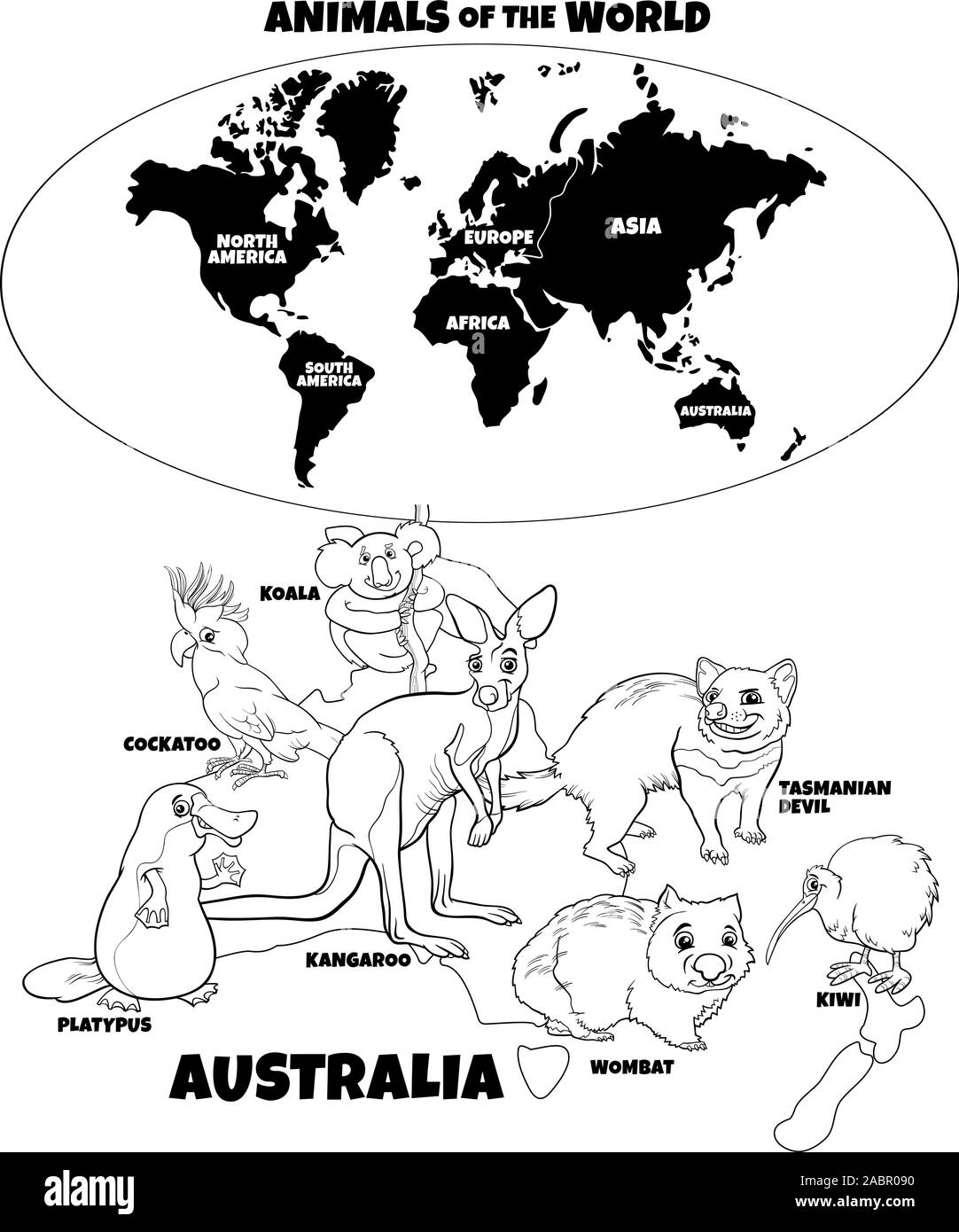 Blanco y negro ilustraciãn dibujos animados educativos de animal australianos y mapa del mundo con los continent coloring book pãgina imagen vector de stock