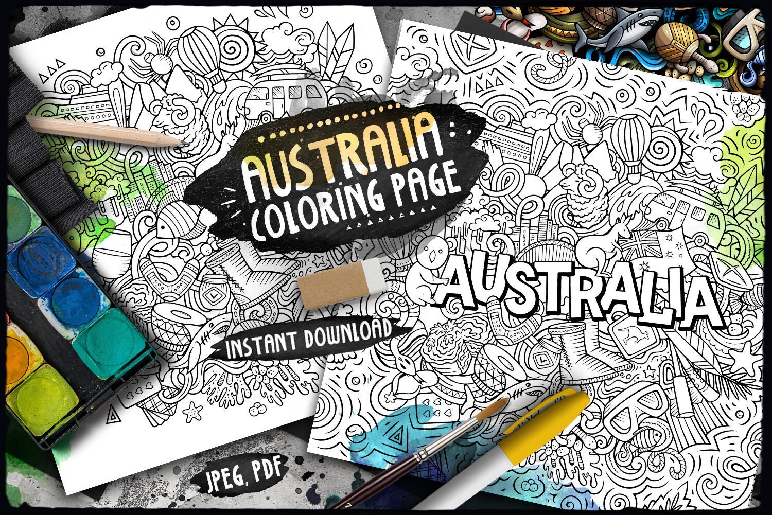 Australia pãgina para colorear digital cultura australiana coloraciãn para adultos ilustraciãn de garabatos del paãs de oceanãa hoja imprimible de sãdney pdf jpeg