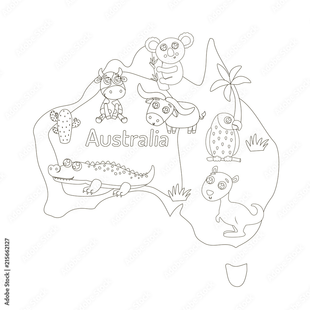 Coloring page with animal map of australia for kids vector de